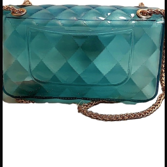 Vegan Jelly Style Teal Color Turn Lock Cassette Gold Chain Handbag. - Picture 2 of 4